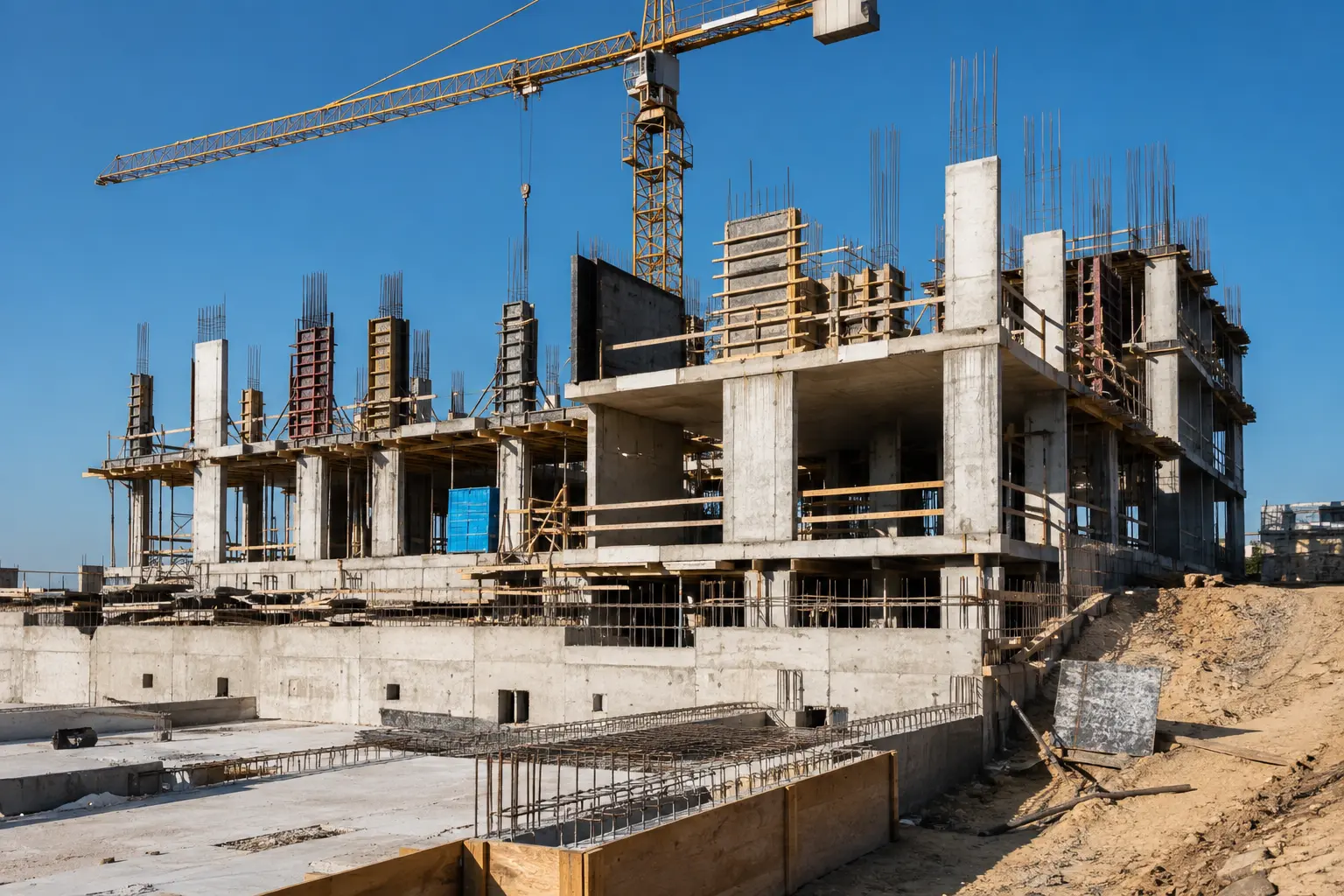 Estrutura de betão de um edifício habitacional em construção.
