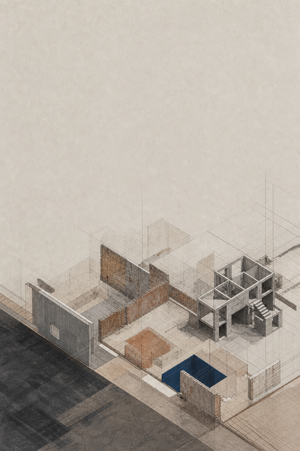 Composição editorial abstrata sobre cadastro, licenciamento, reabilitação e construção habitacional